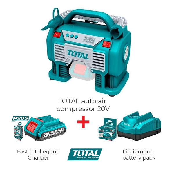 TOTAL auto air compressor 20V with Lithium-Ion battery pack and Fast I –  Mawady