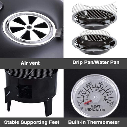 3 in 1 Portable Round Barbecue Grill with Heat Indicator Thermometer